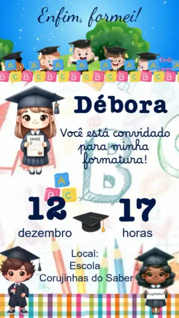 Convite Formatura para formatura – tema formatura (moderno, elegante, colorido, minimalista, vibrante, clássico)