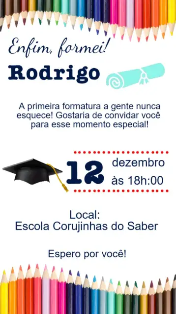 Convite Formatura para formatura – tema formatura (moderno, colorido, minimalista, clássico, divertido, elegante)