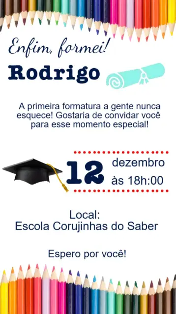 Convite Formatura para formatura – tema formatura (moderno, colorido, minimalista, clássico, divertido, elegante)