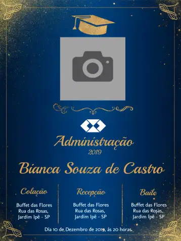 Convite Formatura Administração Com Foto Dourado para formatura em administração. – tema formatura (dourado, moderno, elegante, azul, sophisticated, minimalista)