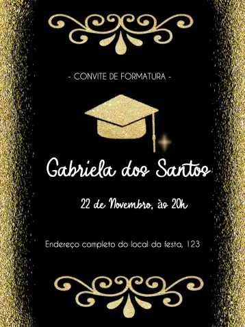 Convite Formatura Quepe para formatura – tema formatura (preto e dourado, glitter, arabescos, elegante, moderno)