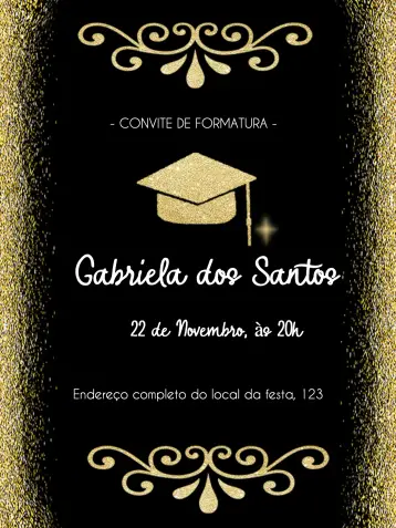 Convite Formatura Quepe para formatura – tema formatura (preto e dourado, glitter, arabescos, elegante, moderno)