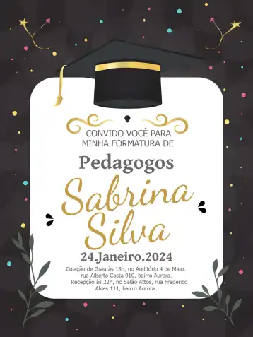 Convite Formatura Branco – tema Formatura elegante, moderno, minimalista, dourado, preto e branco, sophisticated