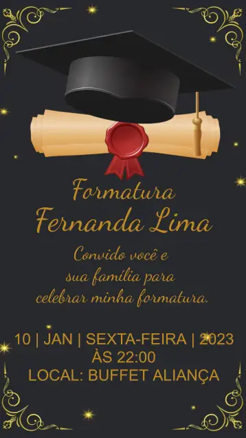 Convite Formatura Dourado para formatura – tema formatura (dourado, preto, elegante, moderno, sophisticated)