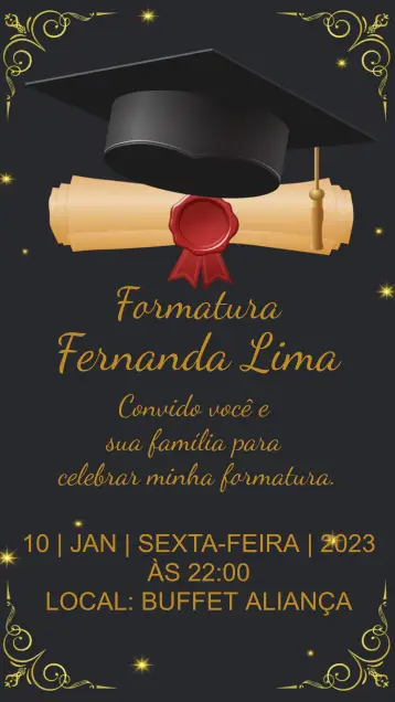 Convite Formatura Dourado para formatura – tema formatura (dourado, preto, elegante, moderno, sophisticated)