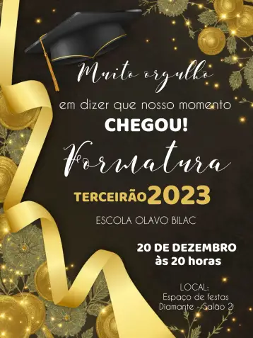Convite Formatura Ensino Médio Preto para formatura do ensino médio. – tema formatura (preto, dourado, moderno, elegante, minimalista)