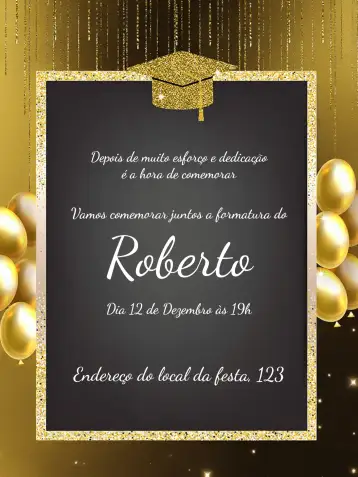Convite Formatura Glitter Balões para formatura – tema formatura (glitter, dourado, preto, balões coloridos, elegante, moderno)