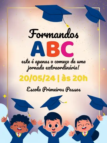 Convite Formatura Infantil Abc Colorido para formatura infantil em escola de educação. – tema formatura (colorido, lúdico, divertido, educacional, infantil, moderno)