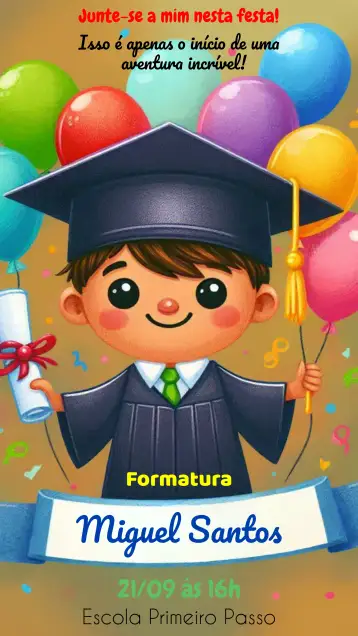 Convite Formatura Infantil Abc para formatura infantil de crianças. – tema formatura (colorido, infantil, balões, divertido, alegre, moderno)