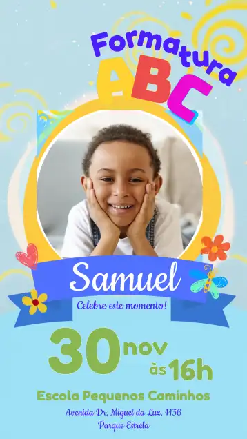 Convite Formatura Infantil Com Foto Tema editável e personalizável