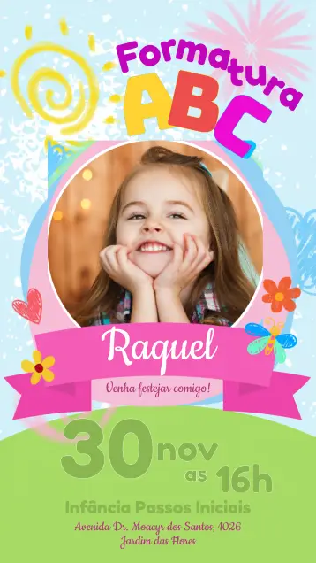 Convite Formatura Infantil Com Foto Rosa para formatura infantil – tema formatura (rosa, colorido, infantil, jardim, giz de cera, divertido)