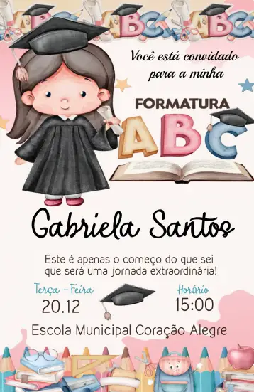 Convite Graduation Girl Pink - Preschool Abc Pre para girls' preschool graduation. – tema graduation (pink, childlike, playful, delicate, colorful, cheerful)