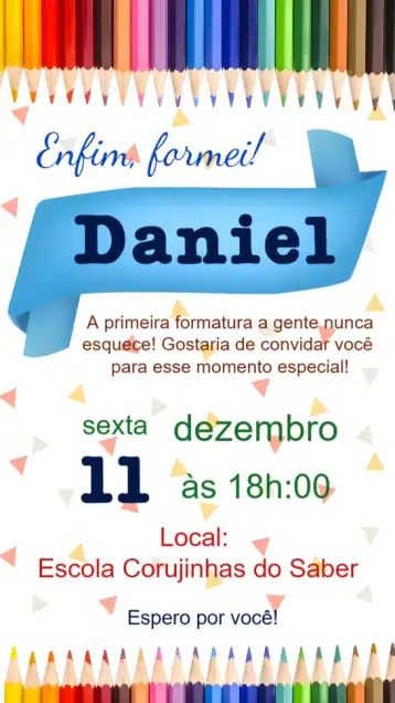 Convite Formatura Menino para formatura de menino – tema formatura (colorido, moderno, escolar, festivo, divertido, jovial)