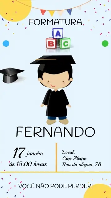 Convite Formatura Menino Colorido Abc editável e personalizável