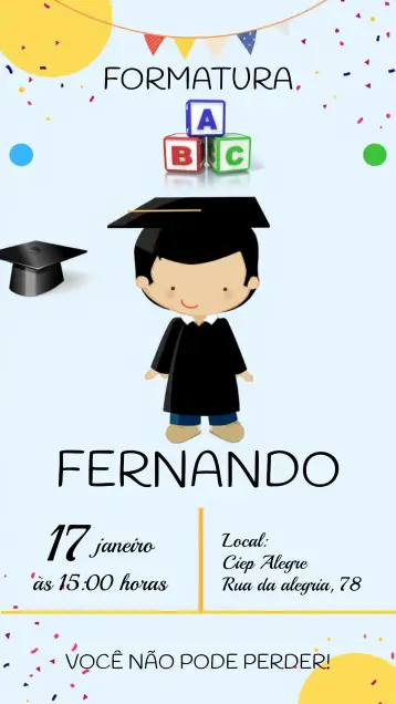 Convite Formatura Menino Colorido Abc para formatura infantil – tema formatura (colorido, infantil, divertido, moderno, lúdico, escolar)