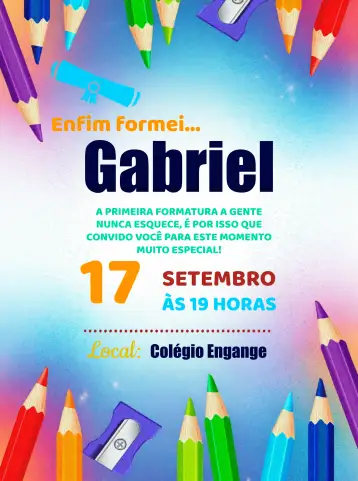 Convite Formatura Pré Escola Jardim para formatura da pré-escola. – tema formatura (colorido, lúdico, educacional, alegre, infantil)