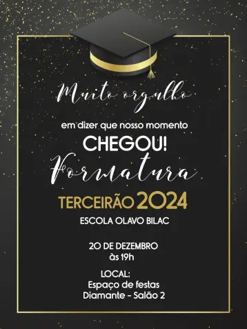 Convite Formatura Terceirão Médio para formatura do ensino médio. – tema formatura (dourado, preto, moderno, elegante, minimalista, celebrativo)