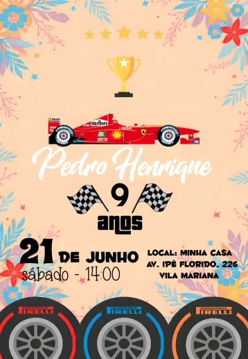 Convite Fórmula 1 Ayrton para aniversário infantil com tema de fórmula 1. – tema aniversário infantil (colorido, esportivo, moderno, dinâmico, temático)