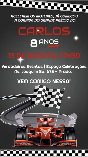 Convite Fórmula 1 Carro para aniversário temático de fórmula 1. – tema mais pesquisados (colorido, dinâmico, moderno, esportivo, temático)