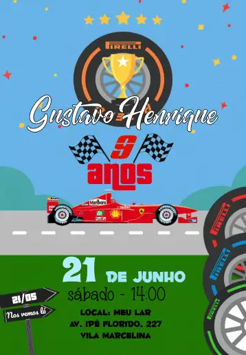 Convite Fiesta de Fórmula 1 para cumpleaños infantil con temática de fórmula 1. – tema cumpleaños infantil (colorido, moderno, deportivo, divertido, dinámico, temático)