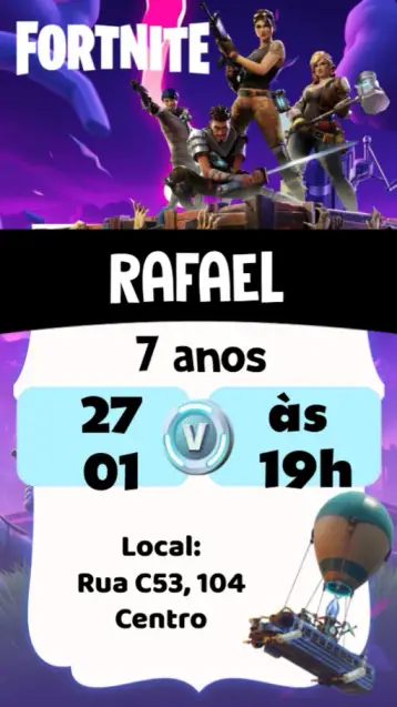Convite Fortnite editável e personalizável