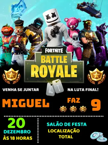 Convite Fortnite Azul editável e personalizável