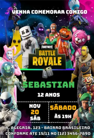 Convite Fortnite Battle Royale para aniversário infantil com tema fortnite. – tema aniversário infantil (colorido, moderno, jogos, divertido, dinâmico)