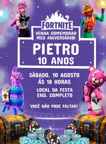 Convite White Fortnite para children's birthday with fortnite theme. – tema most searched for (gamer, modern, fun, colorful, themed, sporty)