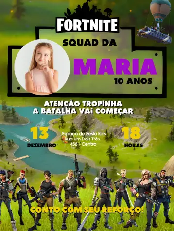 Convite Fortnite With Photo Fortnitebattleroyale para children's birthday party with fortnite theme. – tema most searched for (colorful, gamer-themed, modern, themed, fun)