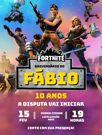 Convite Fortnite Game para children's birthday or fortnite-themed party. – tema most searched for (colorful, modern, gamer, themed, youthful, fun)