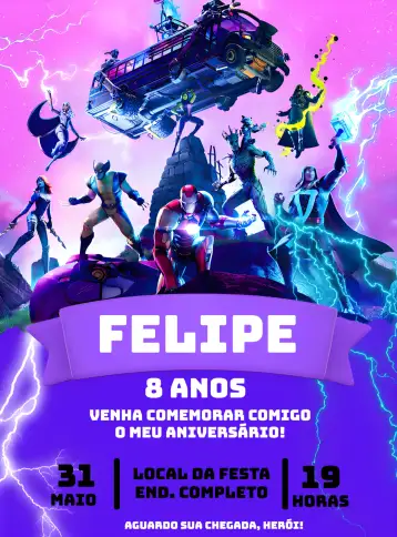 Convite Fortnite Heroes Thor para children's birthday with fortnite theme. – tema most searched for (modern, colorful, video games, superheroes, dynamic)