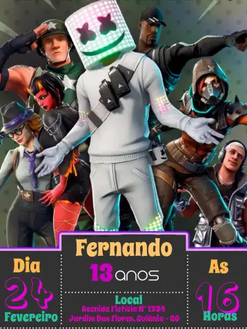Convite Fortnite Royal para aniversário infantil ou festa temática de fortnite. – tema mais pesquisados (colorido, moderno, jovem, divertido, interativo)