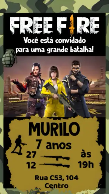 Convite Free Fire para cumpleaños infantil o adolescente con tema free fire. – tema cumpleaños (colorido, moderno, joven, dinámico, temático, divertido)