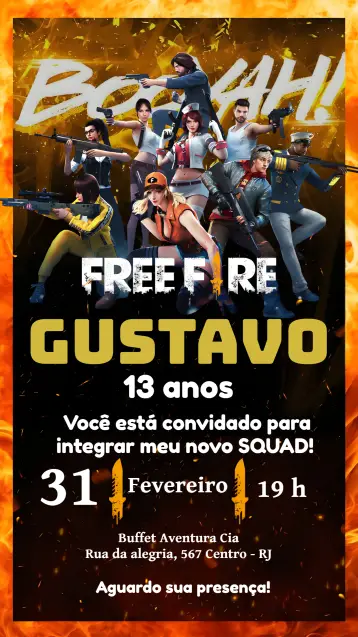 Invitación Free Fire Gamer editable y personalizable