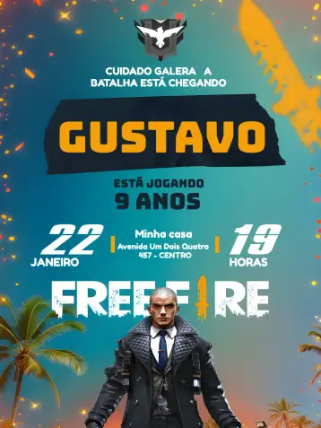 Convite Free Fire Juego para cumpleaños de fans de juegos y batallas. – tema más buscados (moderno, vibrante, tecnológico, juegos, batalla)