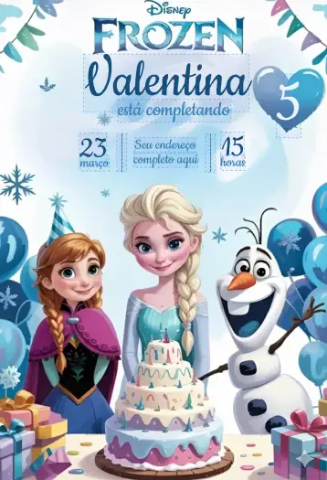 Convite Frozen para aniversário de 15 anos com tema frozen. – tema 15 anos (temática Frozen, cores frias, elementos de gelo, estilo lúdico, ilustrações de personagens, magia Disney)