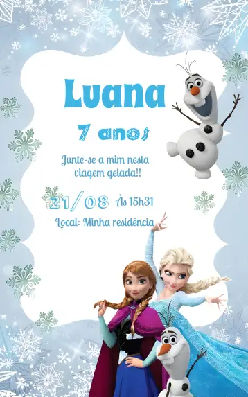 Convite Frozen Azul para aniversário infantil com tema frozen. – tema mais pesquisados (azul, temática frozen, mágico, moderno, divertido, colorido)
