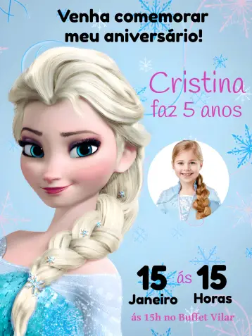 Convite Frozen Com Foto Azul editável e personalizável