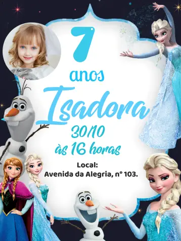 Convite Frozen Com Foto Lilás editável e personalizável