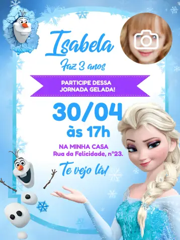 Convite Frozen Com Foto Menina para aniversário infantil da menina que ama frozen. – tema mais pesquisados (azul, roxo, neve, Disney, infantil, mágico)