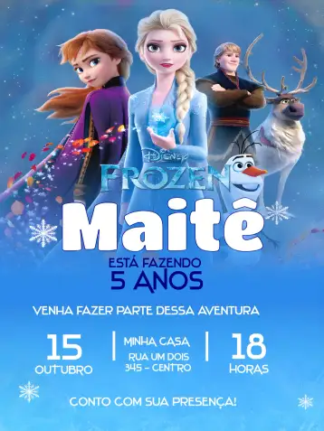 Convite Frozen Disney para cumpleaños infantil con tema frozen. – tema más buscados (azul frío, temática de Disney, personajes de la película, diseño divertido, elementos de hielo, estilo infantil)