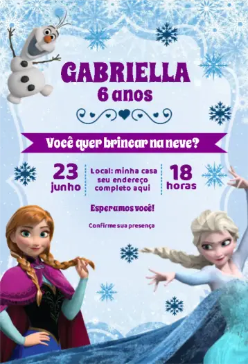 Convite Frozen Neve editável e personalizável