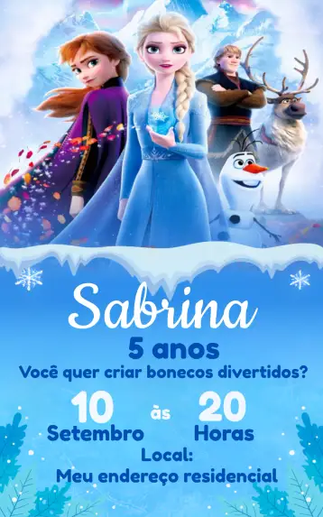 Convite Frozen Sven para aniversário infantil com tema frozen. – tema mais pesquisados (temática Frozen, cores frias, elementos de inverno, ilustrações de personagens, design divertido, estilo lúdico)