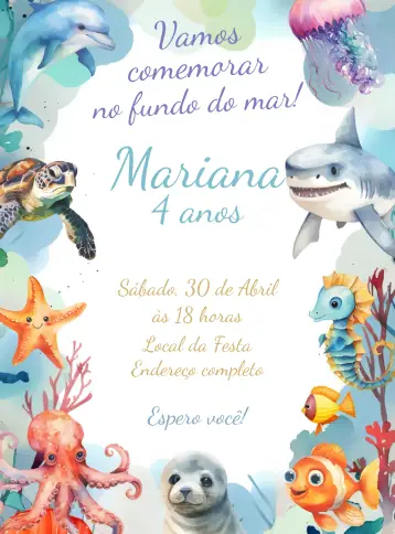 Convite Fundo Do Mar Menino editável e personalizável