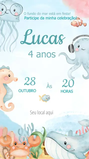 Invitación Fondo Del Mar Acuarela Pez editable y personalizable