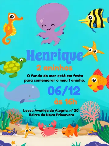 Convite Orange Under the Sea para children's birthday – tema kids' birthday party (navy, colorful, fun, tropical, childlike, vibrant)