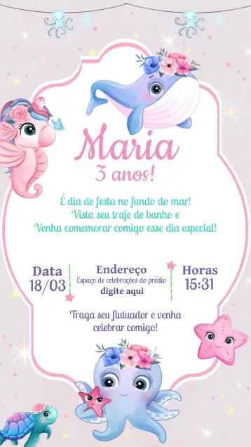 Convite Fondo Del Mar Burbujas para cumpleaños infantil con temática marina. – tema cumpleaños infantil (azul marino, lúdico, colorido, infantil, divertido)