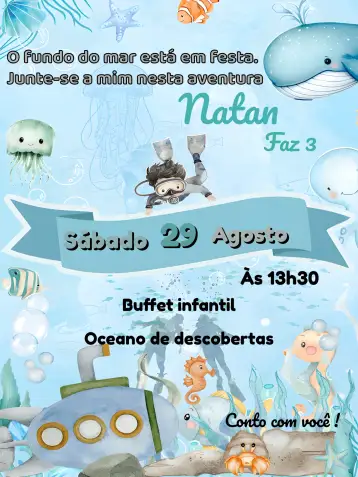 Convite Fondo Del Mar Azul para cumpleaños infantil con tema de fondo del mar. – tema cumpleaños infantil (azul marino, colorido, juguetón, divertido, tropical)