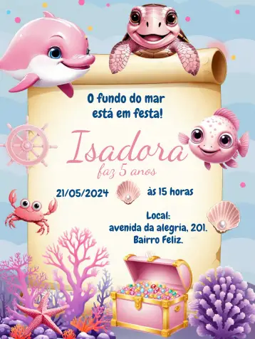 Convite Under the Sea Shell para kids birthday with an under the sea theme. – tema kids' birthday party (under the sea, soft colors, marine elements, fun illustrations, playful style)