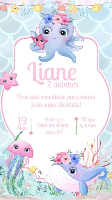Convite Fundo Do Mar Infantil para aniversário infantil com tema marinho. – tema aniversário infantil (aquarela, marinho, delicado, colorido, temático, infantil)